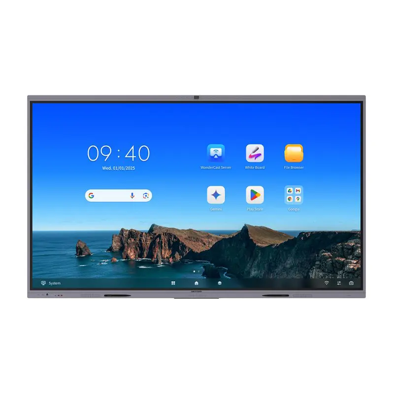 Side angle view showcasing the slot-in Intel Windows OPS PC module with 8GB RAM and 512GB SSD on the Hikvision DS-D5A65RB-B3 flat panel.