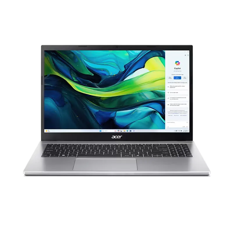 Acer Aspire Go 15 AG15-42P-R917 AMD Ryzen 7 7730U laptop in Pure Silver showing thin bezels available at Onin Infosys Nepal.