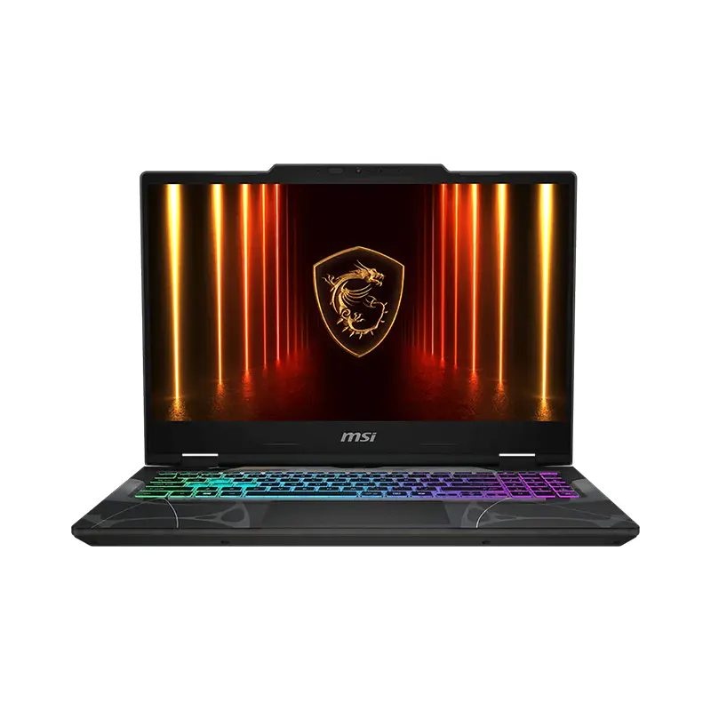 Front view of MSI Cyborg A15 AI B2HWEKG gaming laptop showcasing translucent chassis and 144Hz display available at Onin Infosys Nepal.