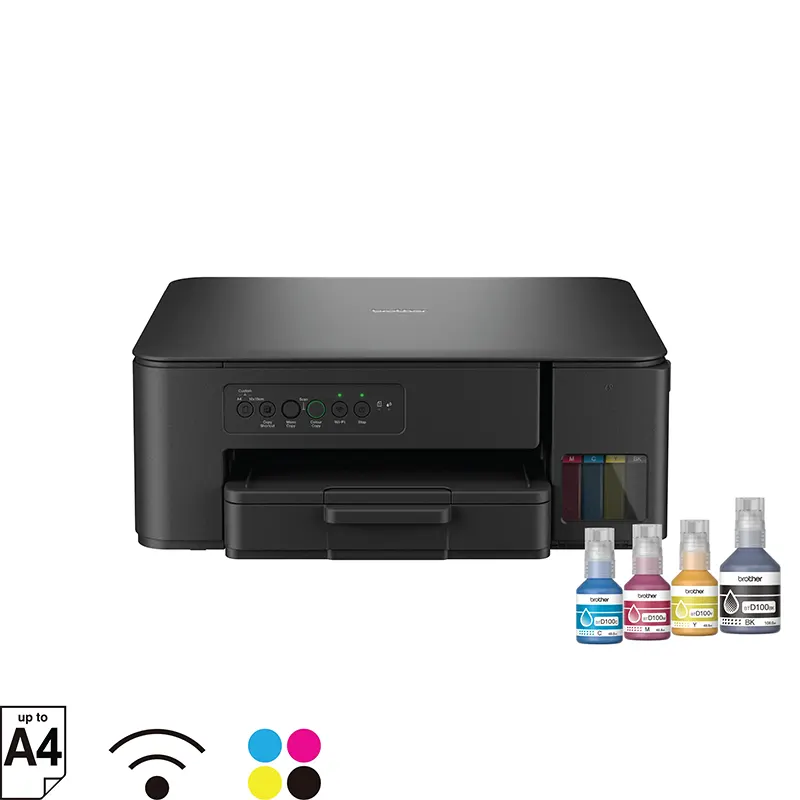 Official Brother DCP-T430W wireless color ink tank printer showcasing its compact form factor and front-access refill system at Onin Infosys Nepal.