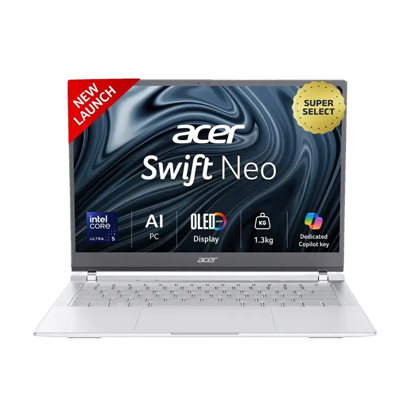 Acer Swift Neo 14 OLED laptop in silver color profile showcased by Onin Infosys Nepal.