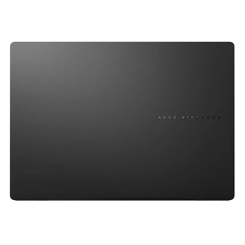 The sleek Neutral Black aluminum chassis lid of the ASUS Vivobook S14 laptop resting on a modern workspace desk, representing the premium build quality available at Onin Infosys