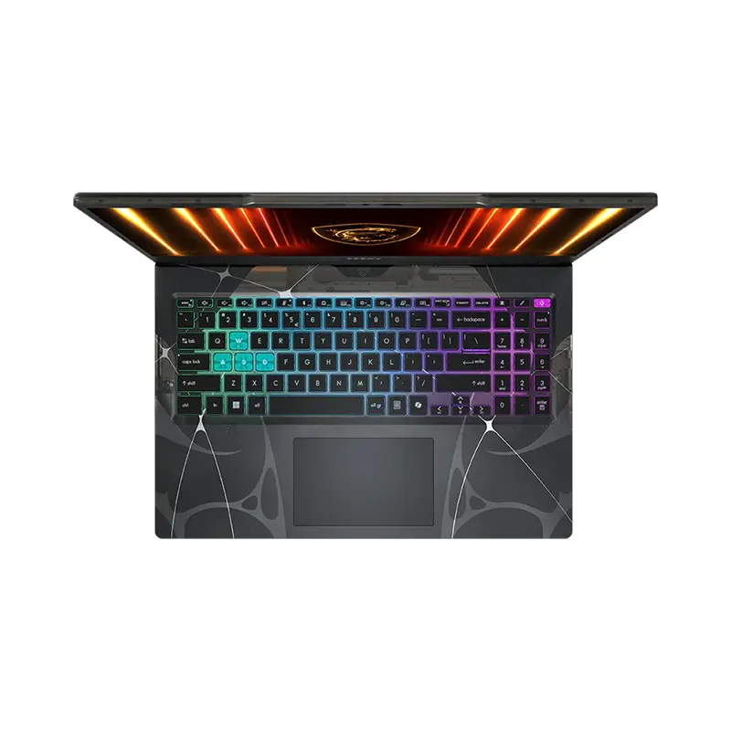 Close-up of the 4-zone RGB backlit keyboard with highlighted WASD keys on the MSI Cyborg A15 AI B2HWEKG laptop.