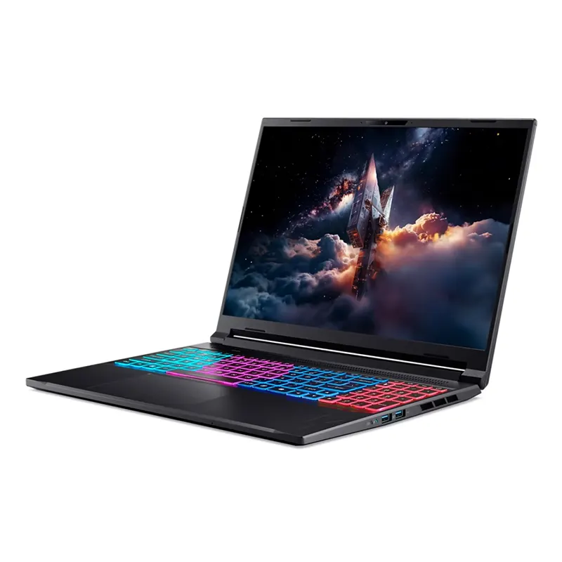 Close-up profile of Acer Nitro 16 AI AN16S-61-R10J showcasing the ultra-slim metal chassis and dual cooling exhaust systems.