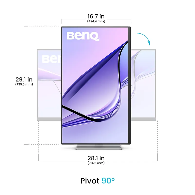 BenQ MA320UP professional 4K screen rotated in 90 degree vertical portrait orientation on its adjustable ergonomic stand.