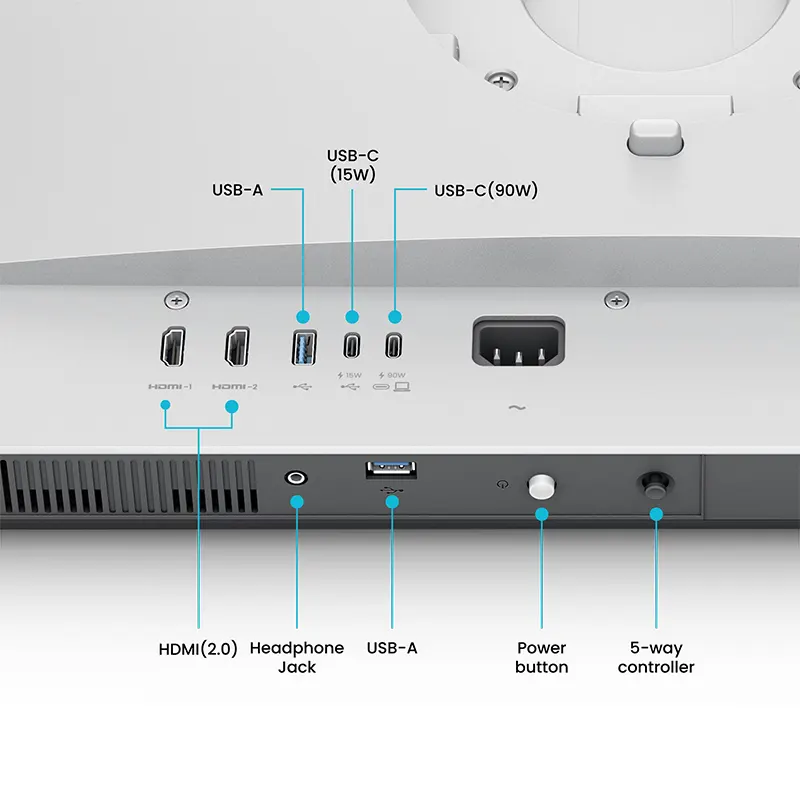 Rear connectivity hub of BenQ MA320UP monitor highlighting 90W USB-C power delivery and sleek metallic stand profile.