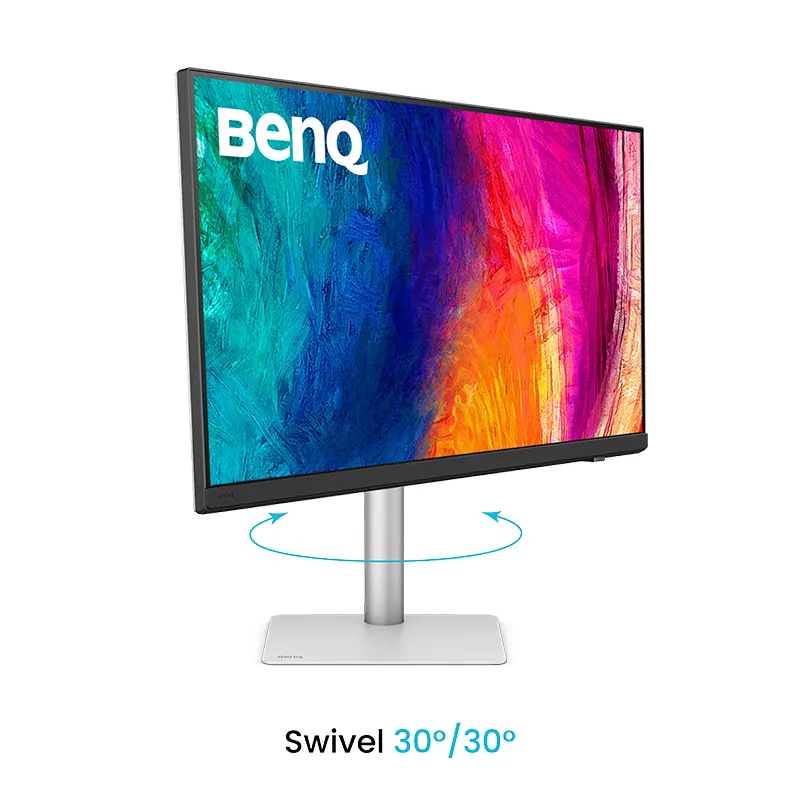 Dual workstation setup featuring a Windows rendering PC and a Mac laptop connected simultaneously to the BenQ PD3226G monitor, demonstrating the built-in Auto-KVM switch functionality.