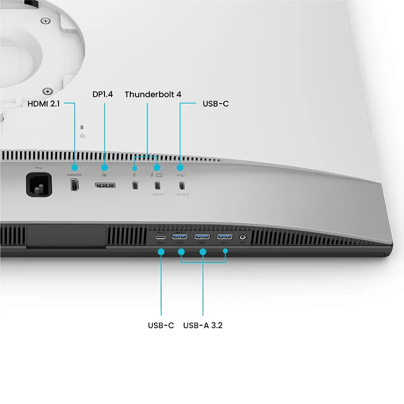 Back interface of BenQ PD3226G monitor showing dual Thunderbolt 4 ports with 90W power delivery and HDMI 2.1 inputs.