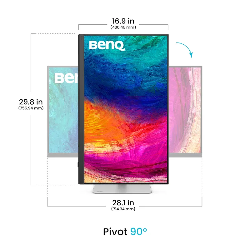 Side profile of BenQ PD3226G monitor in vertical pivot mode running M-Book mode alongside a MacBook Pro.