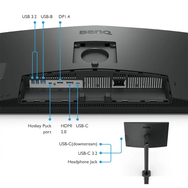Rear view of BenQ PD2706UA showing HDMI, DisplayPort, and 90W USB-C Power Delivery input ports.