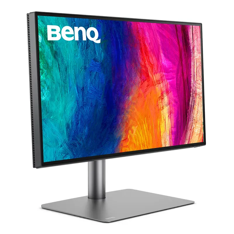 Rear and side profile of BenQ PD2725U professional designer display rotated in vertical 90 degree portrait orientation.