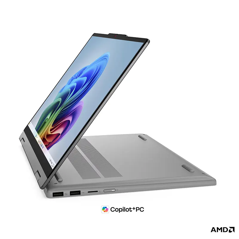 Side view look at the slim profile and connectivity ports of the Lenovo IdeaPad Slim 5 in Luna Grey finish.