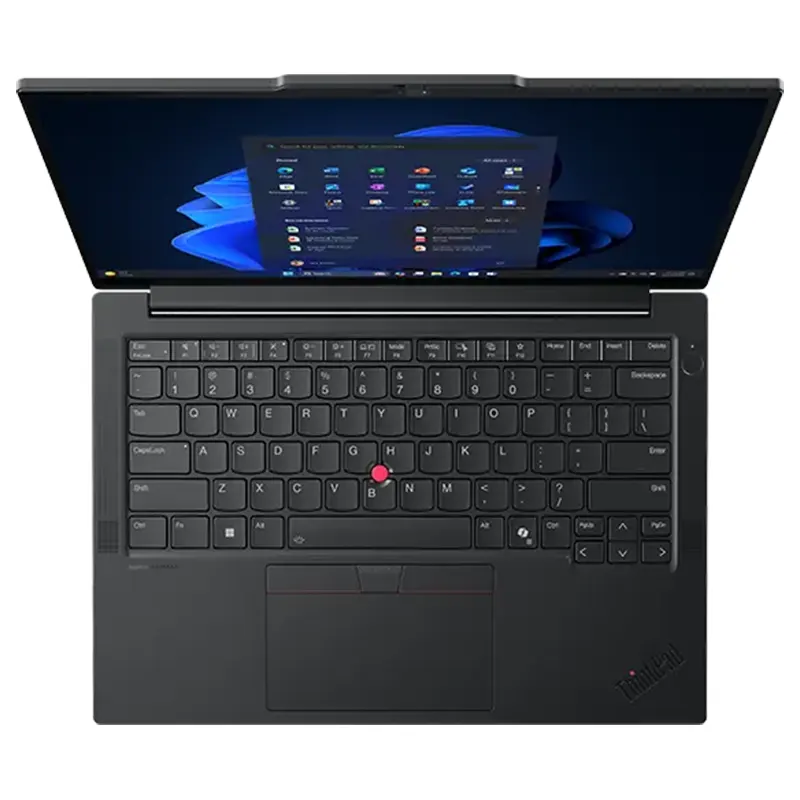 Close-up of the premium backlit keyboard and iconic red TrackPoint on the Lenovo ThinkPad E14 Gen 7 business laptop.