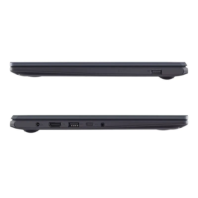 Side profile showing thin chassis and connectivity ports of Asus E410 budget laptop in Nepal.