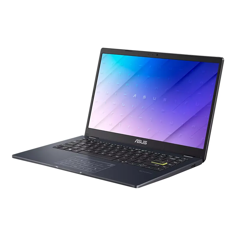 Sleek keyboard trackpad design and 14 inch clear panel display of Asus E410 laptop.