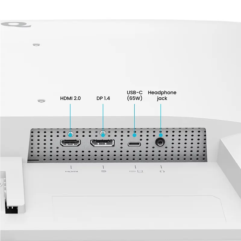Rear ports of BenQ EW270Q showing USB-C 65W power delivery, HDMI and DisplayPort inputs